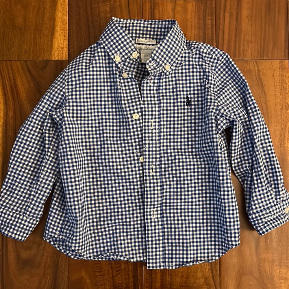 Ralph Lauren Navy Blue & White Gingham Button Down, size 24 month